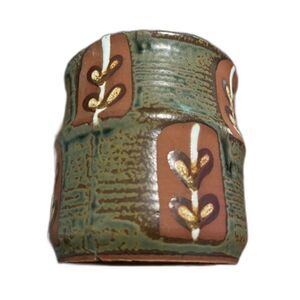 Vtg MCM Japan Redware Stoneware Vase Green Brown Leaf Design Rustic Pottery